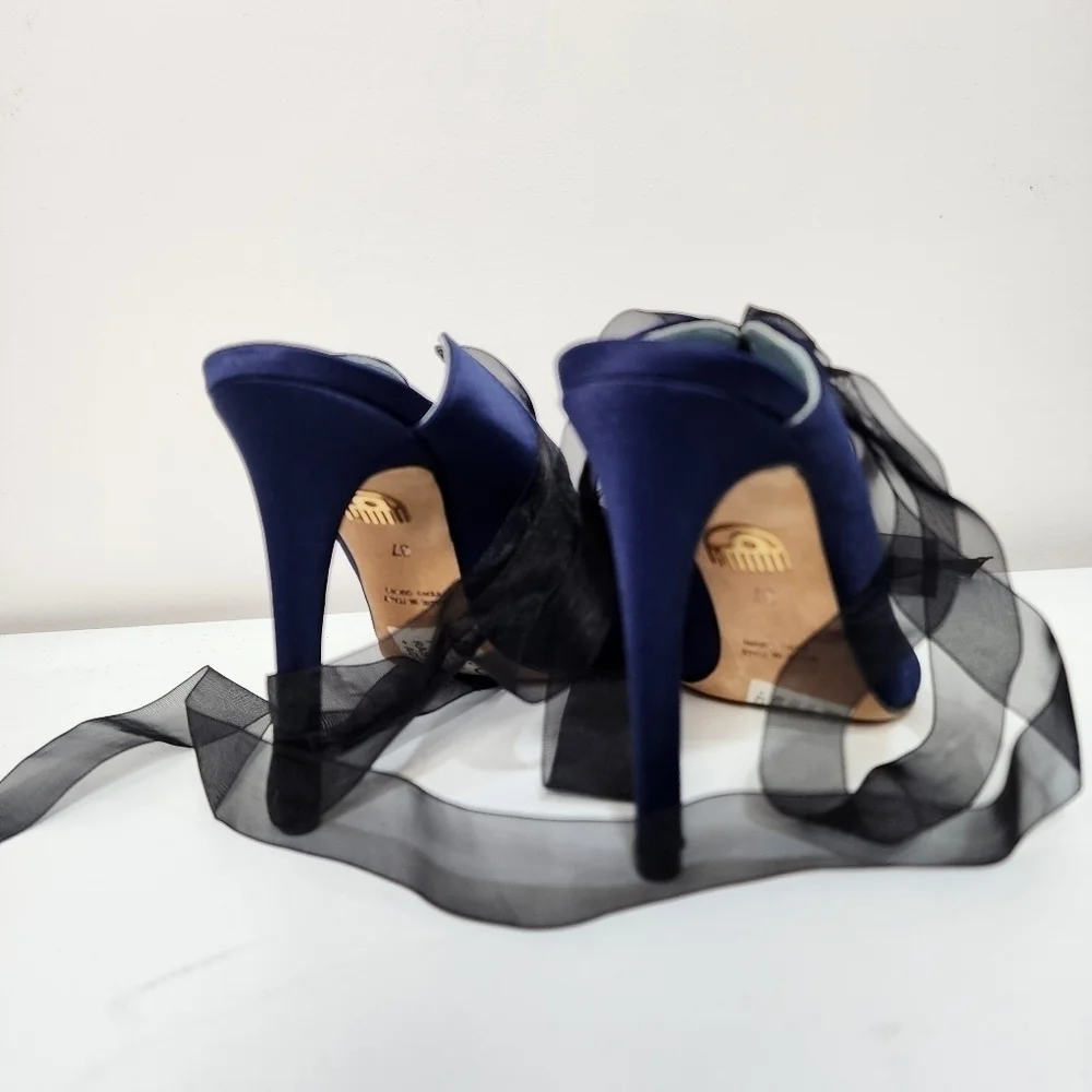 Chiara Ferragni blue satin heels with tulle bow, size 37, nwt